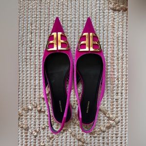 Balenciaga Pink Fuchsia Velvet BB Knife Knit Slingback Flats Size 37